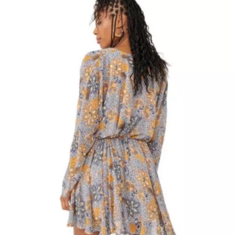 Free People Teegan Floral Long Sleeve Mini Dress Blue Sky Combo Size Medium
